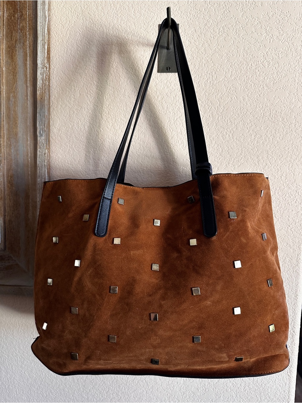 Cognac Faux Suede Studded Tote Bag 2-in-1 Black Pouch Boho Western